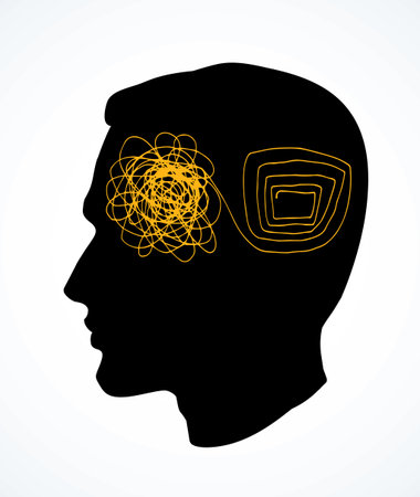 Unravel chaotic clutter puzzle maze confuse knot decise disorder theory job way. Black male face rational clear explain arrange path work idea sign icon abstract art doodle drawn vector graphic styleのイラスト素材