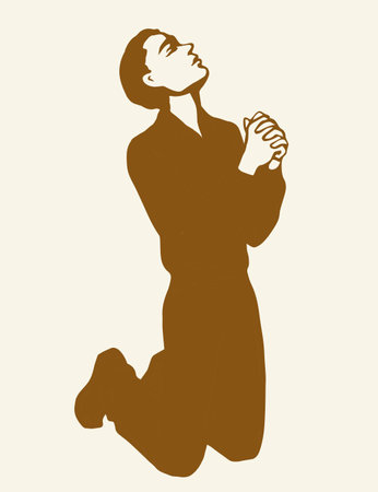 Sin depressed sorrow worry supplication on white background. Line love praise palm concept  pictogram. Black drawn young thank plead fold soul body finger emblem in retro art doodle cartoon styleのイラスト素材