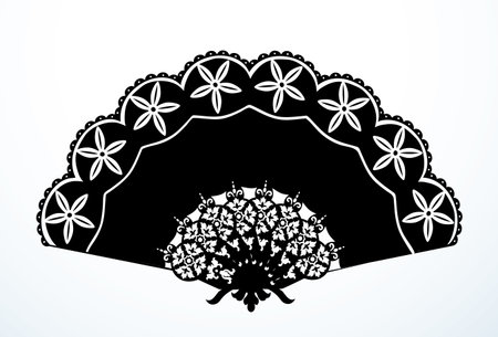 Close up view romantic old dark color rich stylized lacy plastic stylish geisha object. Outline black ink drawn emblem design fancy art engrave etch print style light white paper text space backdropのイラスト素材