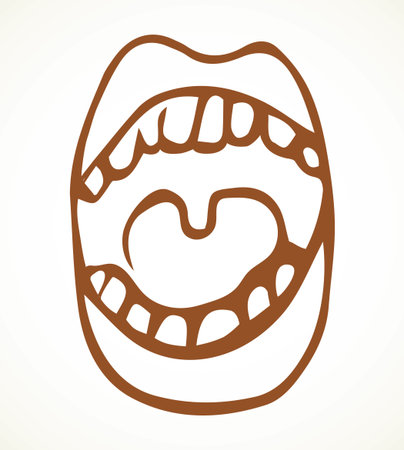 Big abstract closeup cute male fun wide humor tonsil uvula facial organ part element. Close up view white text space isolated outline black hand drawn man patient logo art doodle line comic chat styleのイラスト素材