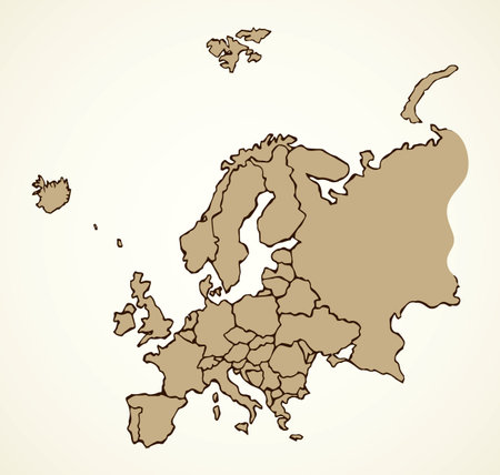 Europe. North island district plan shape on white backdrop. Freehand line black ink hand drawn web flat  emblem frame. Travel concept design in art modern grunge doodle cartoon style pen on paperのイラスト素材