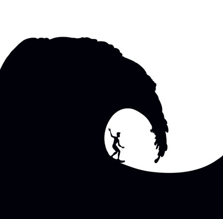 Modern swirl clear marine tide foam drop flow scenic view white sky text space. Vintage outline black hand drawn fun happy power guy crash scene emblem  concept retro art doodle line style designのイラスト素材