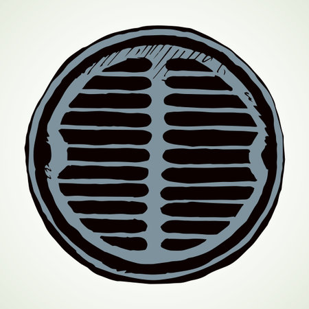 Grunge rust safety well system plate on white avenue way backdrop. Outline black hand drawn rusty shape logo icon design in vintage art doodle engrave cartoon style on paper text space. Close up viewのイラスト素材