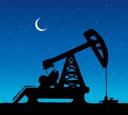 Modern unit iron donkey tool pipe set on blue star sky text space. Dark black hand drawn natural heavy metal machine platform logo pictogram sign in retro art cartoon graphic contour print styleのイラスト素材