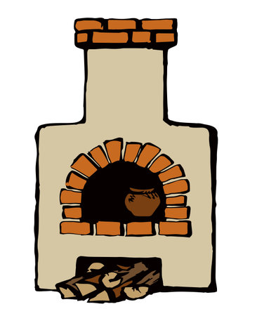 Line historic log heater hearth object on white room wall text space. Outline black ink hand drawn folk russia warm pot life logo sign pictogram design in retro art doodle engrave style. Closeup viewのイラスト素材