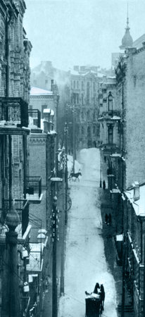 1900 famous medieval cab wagon car chariot cart taxi drawn tourist life vacation travel scene. 19th aged stone wall window lamp light grungy blur grain noise style. Romantic top scenic view text spaceの写真素材