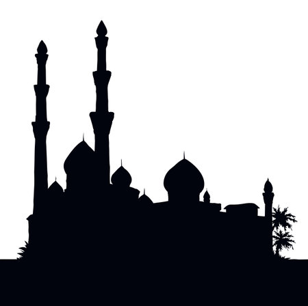 Vintage age egypt cairo orient desert church wall palm tree oasis scene text place white sky scenic view. Outline hand draw asian iran oman symbol sketch retro graphic line cartoon art vector styleのイラスト素材