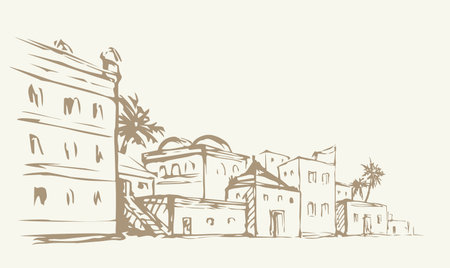 Vintage age egypt cairo orient desert biblic wall palm tree oasis scene text place white sky scenic view. Outline hand draw asian iran oman symbol sketch retro graphic line cartoon art vector styleのイラスト素材