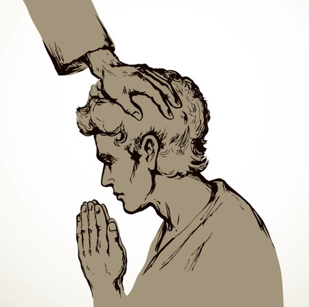 Close up old age jew apostl father Lord forgive arm beg ask hope cure ill sick ancient white rite vow life. Line black drawn closeup choose call young boy church gospel concept retro vector art sketchのイラスト素材