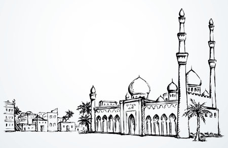 Vintage age egypt cairo orient desert church wall palm tree oasis scene text place white sky scenic view. Outline hand draw asian iran oman symbol sketch retro graphic line cartoon art vector styleのイラスト素材