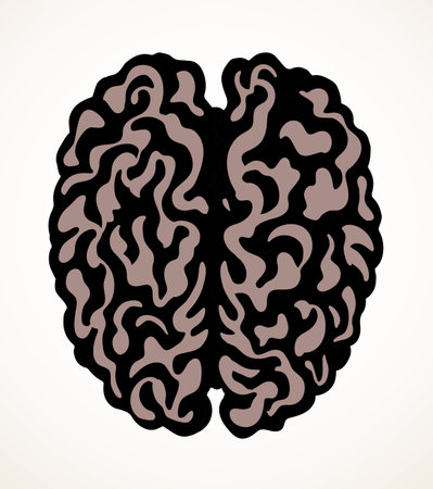 Healthy neuron sense logic part on light background. Line black ink hand drawn ill nerve cortex brainy picture diagram pictogram in doodle art retro cartoon style. Cross section side macro viewのイラスト素材