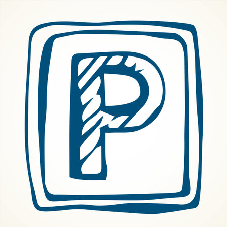 Blue simple way p point stay roadside notice route info mark board logo element. Outline black hand drawn flat abstract web park square emblem banner design sketch. Doodle art cartoon white line styleのイラスト素材