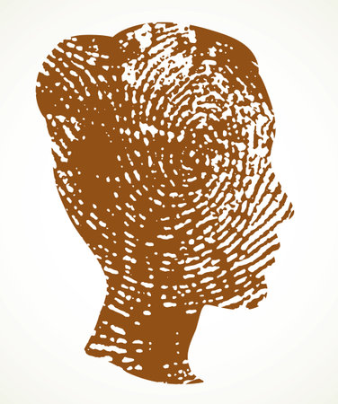 Closeup simple swirl lady secret printout thumb fingermark signature key. Black dirty ink paint drawn logo pictogram design. Close up profile detail view white paper text space art cutout sketch styleのイラスト素材