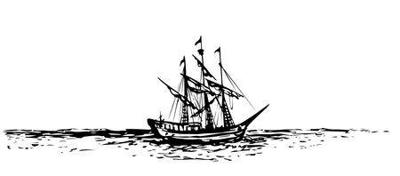 Wooden classic tall buccaneer sailfish galley sailer pictogram icon on white sky text space. Line black ink pen hand drawn breeze sailor logo sign emblem picture. Art retro doodle engrave print styleのイラスト素材