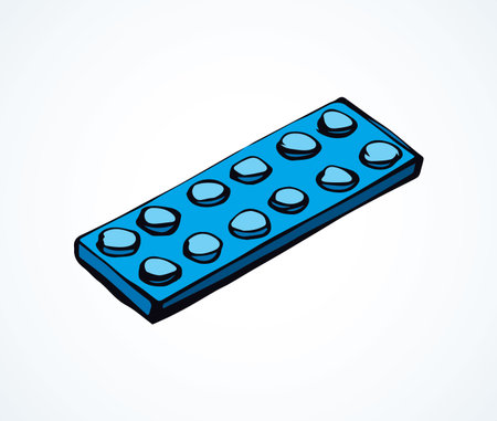 Vibrant blue meccano puzzle kit set on white paper backdrop. Bright cyan color ink hand drawn design object logo emblem pictogram in modern art scribble comic style. Close up with space for textのイラスト素材