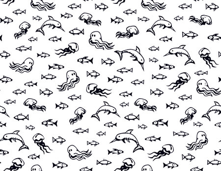Many cute funny exotic undersea fin leg squid monsters isolated on deep aqua tracery. Freehand line black ink hand drawn danger sealife logo sign icon symbol sketch in art retro doodle style on paperのイラスト素材