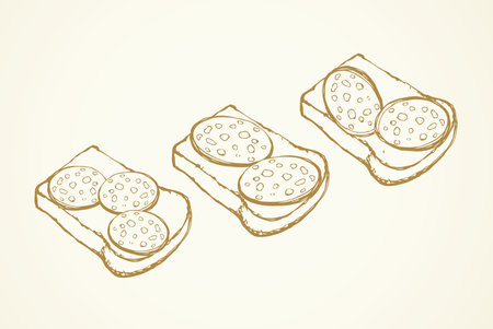 Tasty crusty natural rye dough bun section and delicacy bratwurst portion on white background. Freehand outline beige ink hand drawn butchery menu logo emblem in retro doodle cartoon engraved style pen on paper space for textのイラスト素材