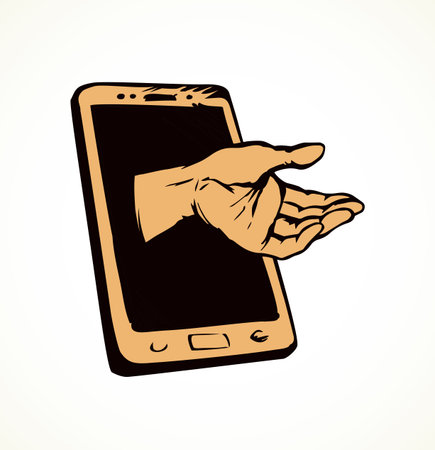 Flat ui pc pad device palmtop data www app on white text space. Ask life reach male user arm finger. Cartoon vector graphic drawn human risk illegal bad net spy thief man give hold info gift sign iconのイラスト素材