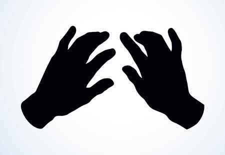 Young male physio masseur wrist on light back backdrop. Contour girl work logo pictogram. Dark black ink drawn leisure use emblem in retro art engrave print style on paper space for text. Closeup top viewのイラスト素材