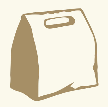 Close up store view small seal good chip flour grain spice eat grocery board kraft sack case white label text space. Outline black hand drawn big cargo design art doodle line cartoon print styleのイラスト素材