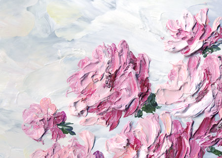 Bright modern gouache paint pastel sketch view. Vibrant hand drawn acrylic herb branch stem in retro creative paper canvas brush greet card artwork wed style. Lilac color posy gift on gray sky sceneの写真素材