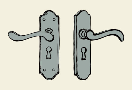 Aged rusty iron doorhandle padlock design set on white backdrop. Bright silver color hand drawn luxury come object  pictogram in modern art doodle cartoon style on paper space for text. Closeup viewのイラスト素材