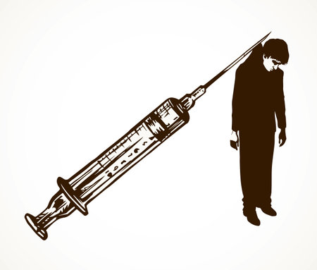 White morphine opium aid medic harm shot victim habit cure care. Captive isolate hang bait snare trap gallows. Dark black hand drawn pain suffer stress end remedy  pictogram emblem cartoon designのイラスト素材