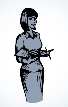 Closeup view pretty smile adult speaker teach explain training. Outline black ink pen drawn modern doodle style white paper text space. Young cheerful tutor career  pictogram sign concept designのイラスト素材