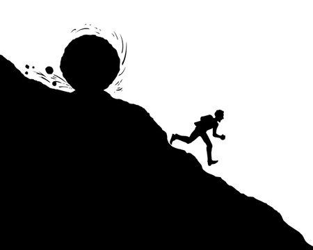 Funny hard power risky guy worker escape bill debt pay market fail stress panic crash attack fun move white sky. Line black male work snow ball logo icon sign old retro art hand doodle sketch vectorのイラスト素材