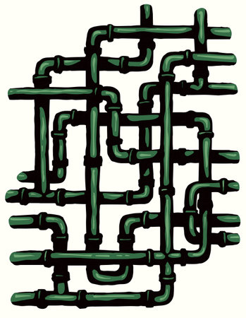 Abstract curve modern big iron tangle joint black hand drawn logo pictogram emblem design vintage art doodle print style. Close up view retro green color intricate knot white wall text space backdropのイラスト素材