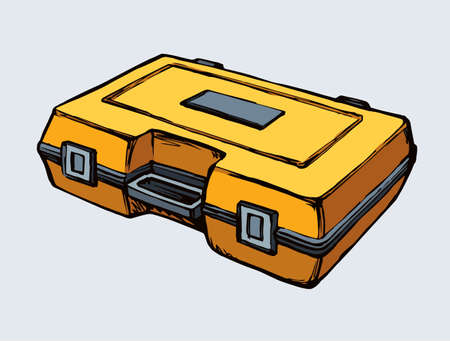Handy house build diy bit set store latch tin lay draw on white. Modern cartoon graphic vector line labor tape object container. Yellow color hand drawn key toolbag chest logo sign icon sketch artのイラスト素材