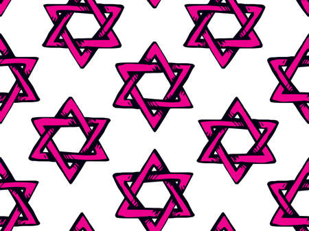 Old kosher judaic chanukkah magen shape heritage backdrop. God torah chanukah yiddish day logo emblem. Bright magenta color hand drawn zion ethnic hannukah sketch in retro art doodle cartoon style on white fondのイラスト素材