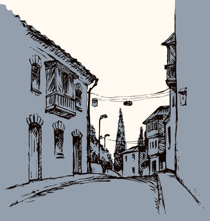 Aged romantic autumn downtown square place view medieval park alley. Freehand outline black ink hand drawn picture in retro art doodle engrave print style pen on paper text space on white sky backdropのイラスト素材