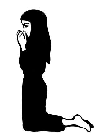 Young worry sorrow sad problem pretty lady ask Lord Jesus. Retro art sketch white text space. Black line drawn side thank purity praise plead love fold arm beg adult bible soul logo sign icon conceptのイラスト素材