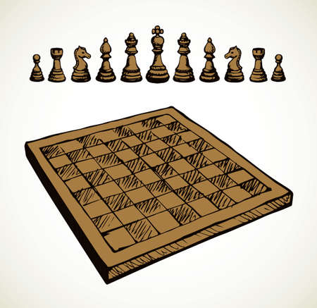 Conflict attack choice white wood table. Black line ink hand drawn castle tower toy move match plan defeat logo emblem concept design sketch. Retro art doodle cartoon style chessmen shot render winnerのイラスト素材