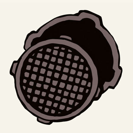 Grunge rust safety well system plate on white avenue way backdrop. Outline black hand drawn rusty shape logo icon design in vintage art doodle engrave cartoon style on paper text space. Close up viewのイラスト素材