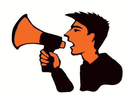 Outline black power fun work sale ad news hailer blower tool idea logo notify old retro doodle sketch art style. Funny office job human male guy leader boss worker hold yell proclaim white text spaceのイラスト素材