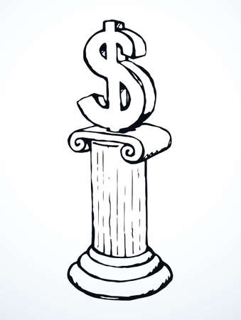 Old antique white isolate temple gold buck capital idol cult worship plinth base podium view. Outline black pen hand drawn rich greed retail buy count bill cash tax  concept doodle retro art styleのイラスト素材