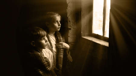 Cute happy little worry pretty femal pauper waif human hand help face eye see warm hope dream life....