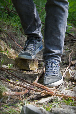 Active female child girl walker sharp thorn crisis jeans move follow old sport track belief closeup...