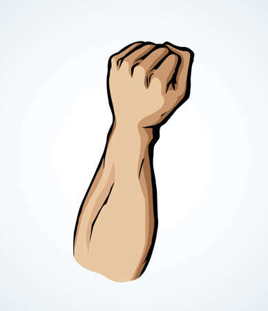 Raise hold victory rage riot resist leader worker winner palm line on white. Outline black drawn rebel tough attack win part boom logo emblem icon concept sketch in retro pop art poster vector styleのイラスト素材