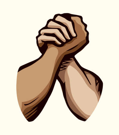 Line 2 human partner friend finger team compete win on white text space. Outline black hand drawn rival match vs deal meet greet logo pictogram design in retro art graphic cartoon style. close-up viewのイラスト素材