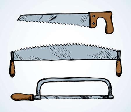Old rough big wood saw kit set on white forest text space. Outline black ink drawn build ax craft   emblem pictogram in art antique engrave doodle cartoon style. Closeup home sawmill iron ax objectのイラスト素材