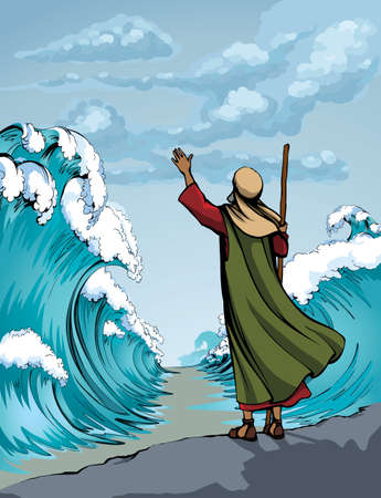 Belief israeli male human leader staff stick stand back view slavery escape go. Vintage israelite art graphic line hand drawn cartoon sketch sky. Big ocean storm separate pesach seder law wonder sceneのイラスト素材