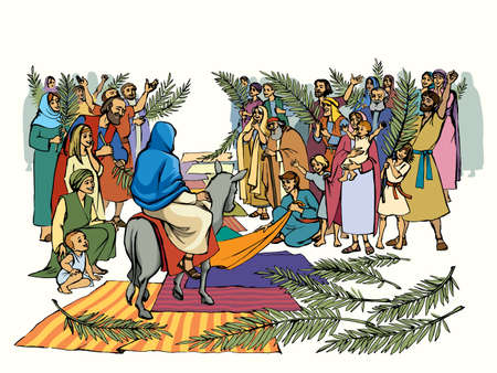 Holy lord messiah king faith bless saint jew girl lady dress cloth white road way last week scene. Hand drawn ass ride city travel come hosanna male son boy kid sketch old catholic cartoon picture artのイラスト素材