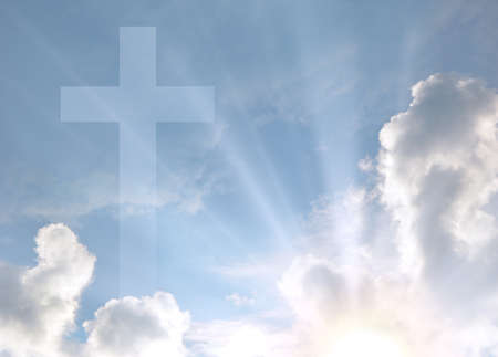 Saint savior rise high devote spirit love life dusk happy joy cheer pray day pattern scene view. Shiny risen prayer forgive bright white beam old soft fluffy blur icon sign biblic blue air text spaceの写真素材