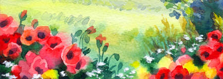 Hand drawn bright paint sketch paper travel valley scenic view rose color text space backdrop. Quiet sunny day sunset wild forest flora weed green stem bush leaf farm hill road mow glade artwork sceneの写真素材