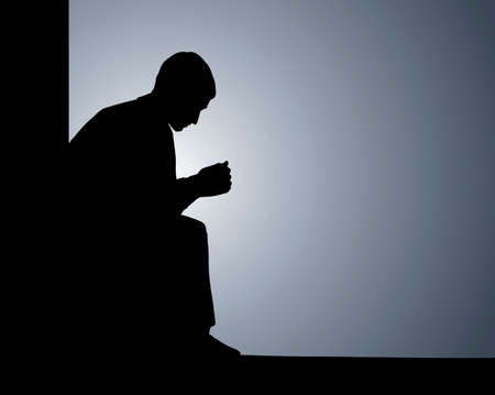 Sin depressed sorrow worry beg young arm elbow on knee on white paper. Freehand outline faith concept logo pictogram sign icon. Black ink drawn youth body emblem in retro art scribble cartoon styleのイラスト素材