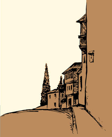 Aged romantic autumn downtown square place view medieval park alley. Freehand outline black ink hand drawn picture in retro art doodle engrave print style pen on paper text space on white sky backdropのイラスト素材