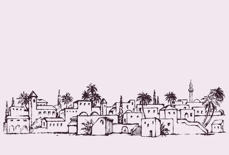 Aged middle east antique turkey travel orient sand palm tree desert oasis scene blue sky vintage white tower dwell view. Bright color hand drawn tourist picture retro cartoon graphic style text placeのイラスト素材